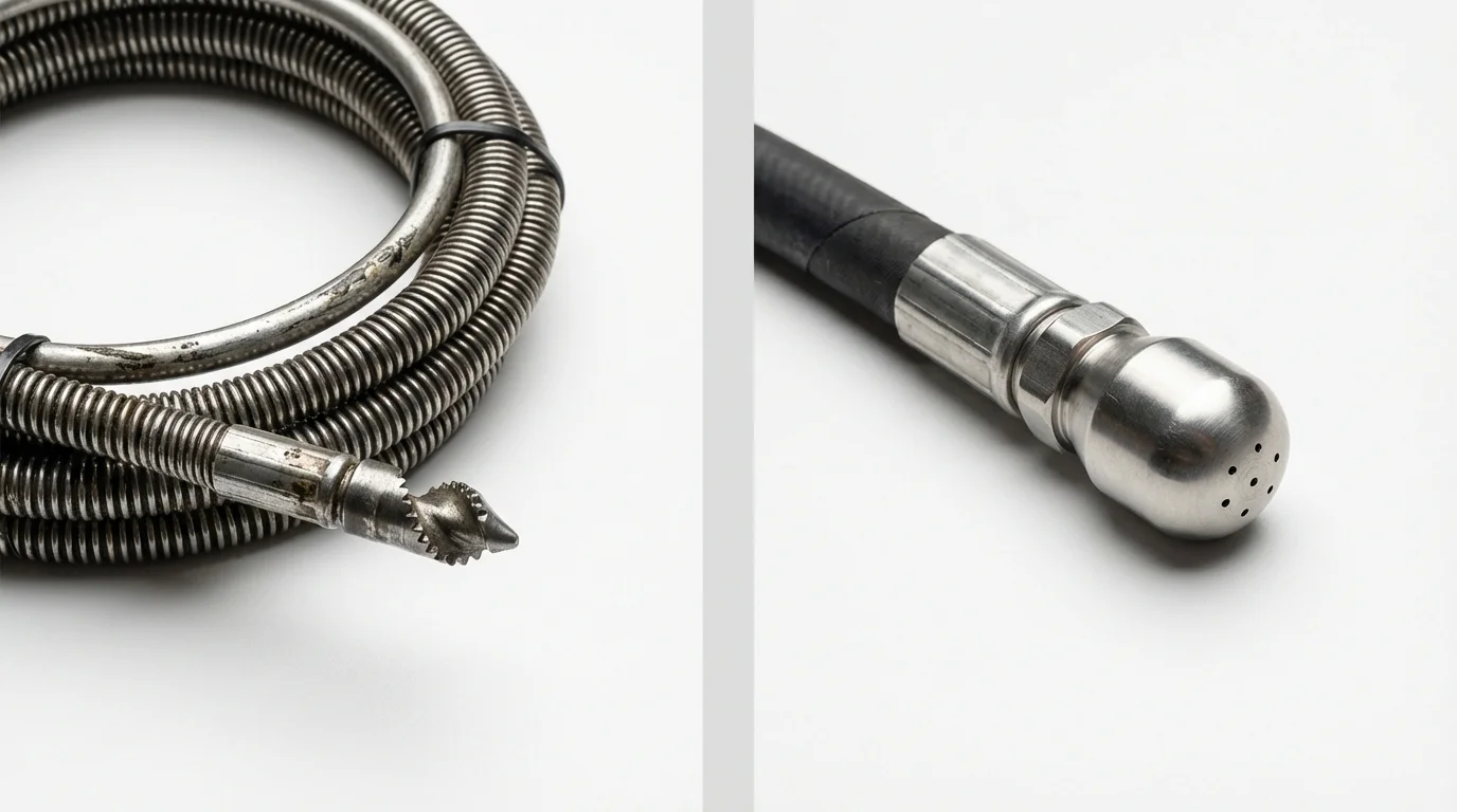 Drain snake cable and hydro jetting nozzle used for drain cleaning in Clinton, AR