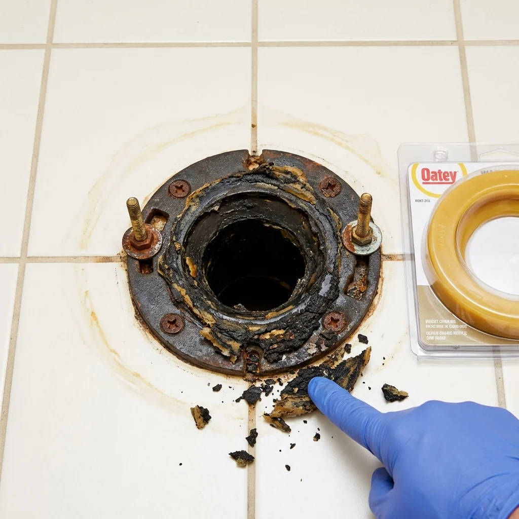Failed wax ring showing water seepage at the base of a toilet in a Clinton, AR home