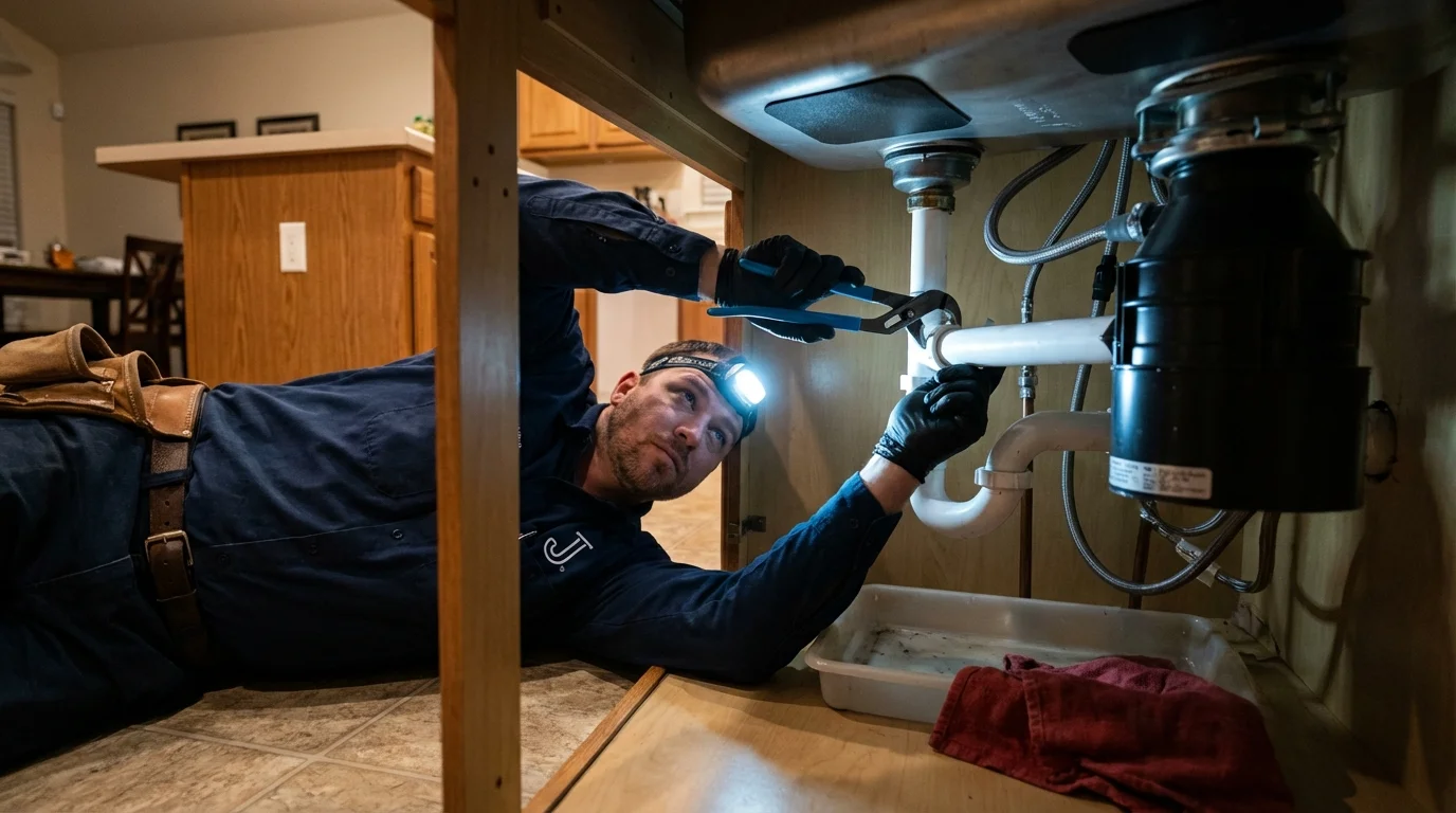 P-trap and supply line connections under a kitchen sink showing a common leak point in Clinton, AR